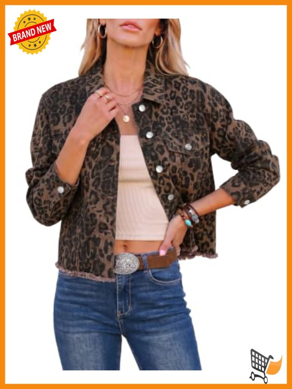 Leopard Cheetah Print Stretchy Denim Jean Jacket Frayed Hem Cropped